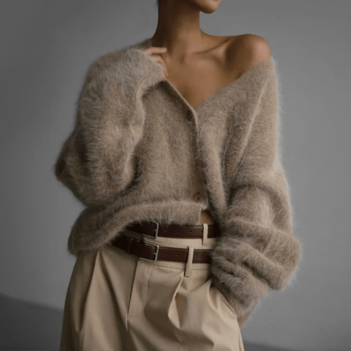 Fluffy Oversized Deep V-Neck Knit Cardigan