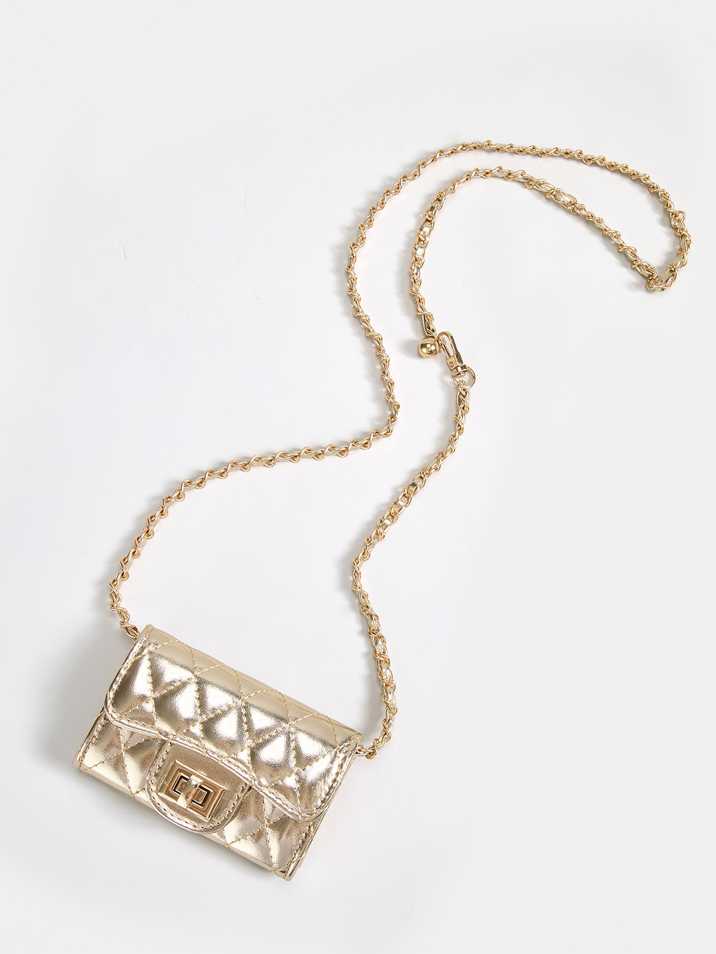 Gold Quilted Mini Crossbody Bag with Chain Strap