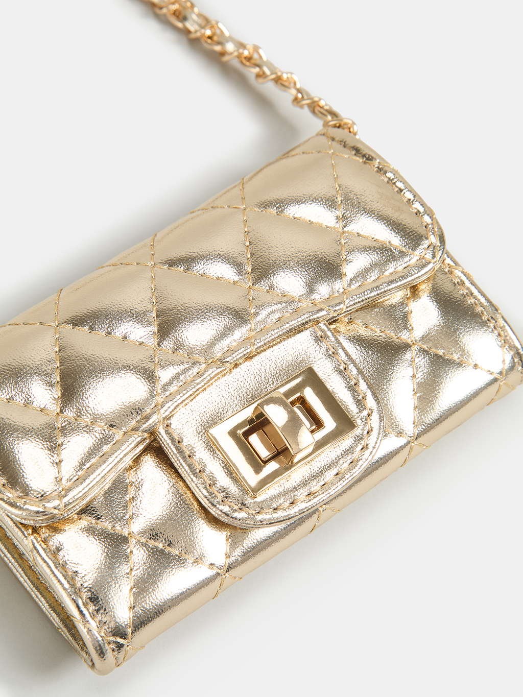 Gold Quilted Mini Crossbody Bag with Chain Strap