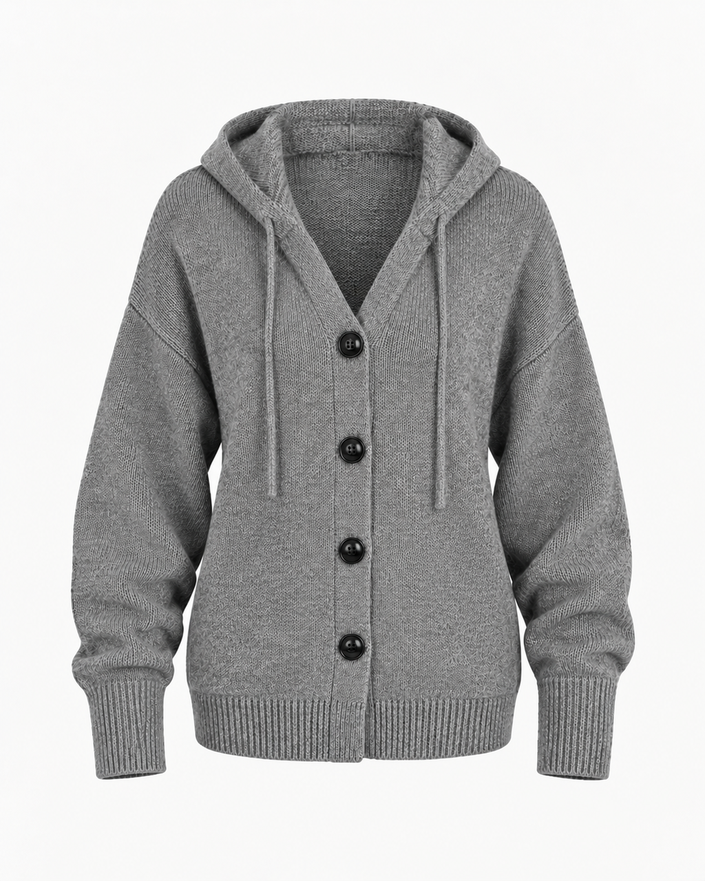 Gray Hooded Button Front Knit Cardigan