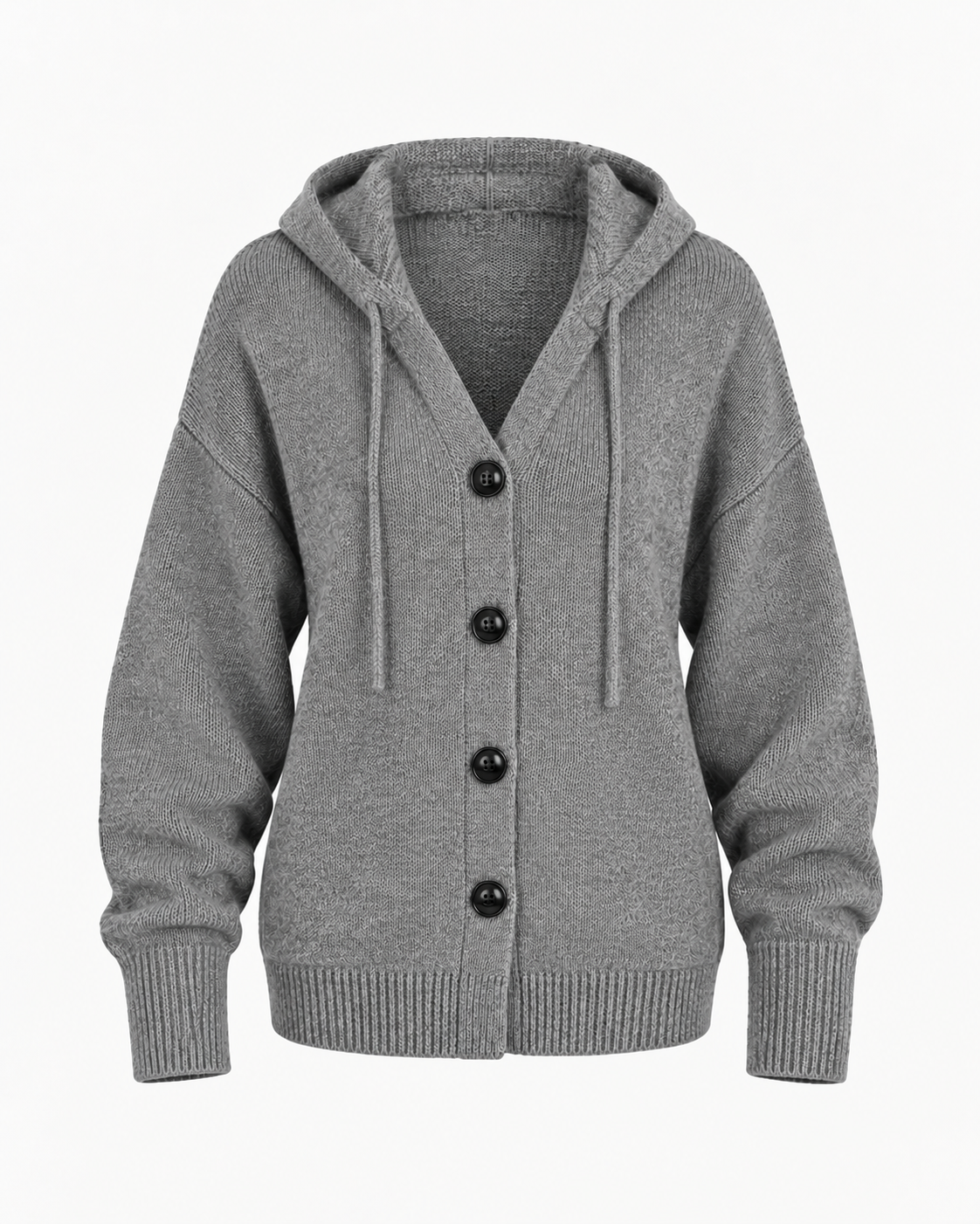 Gray Hooded Button Front Knit Cardigan