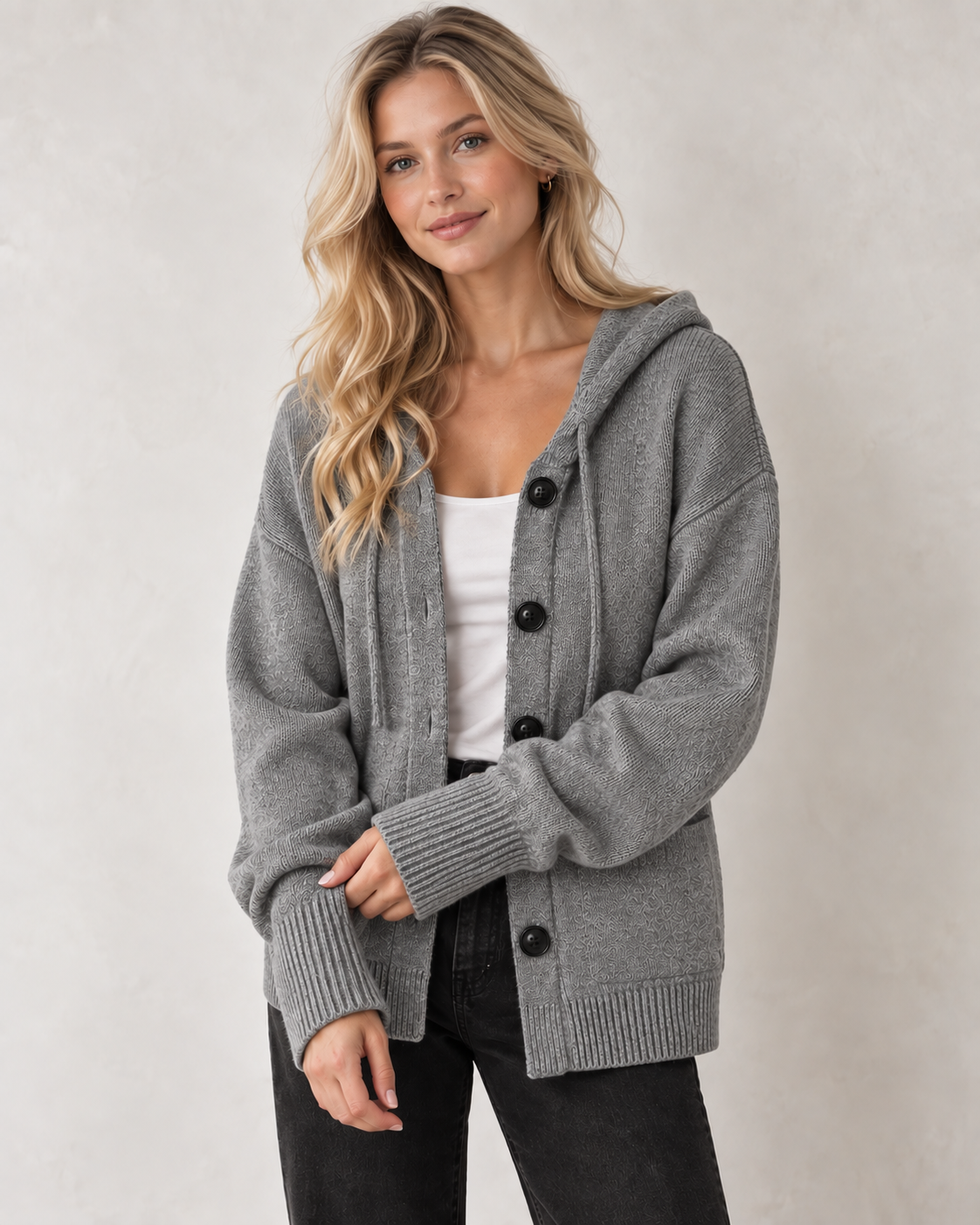 Gray Hooded Button Front Knit Cardigan