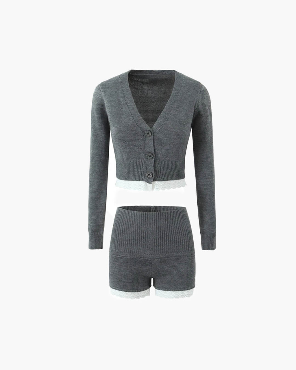 Gray Lace Trim Knit Cardigan and Shorts Set