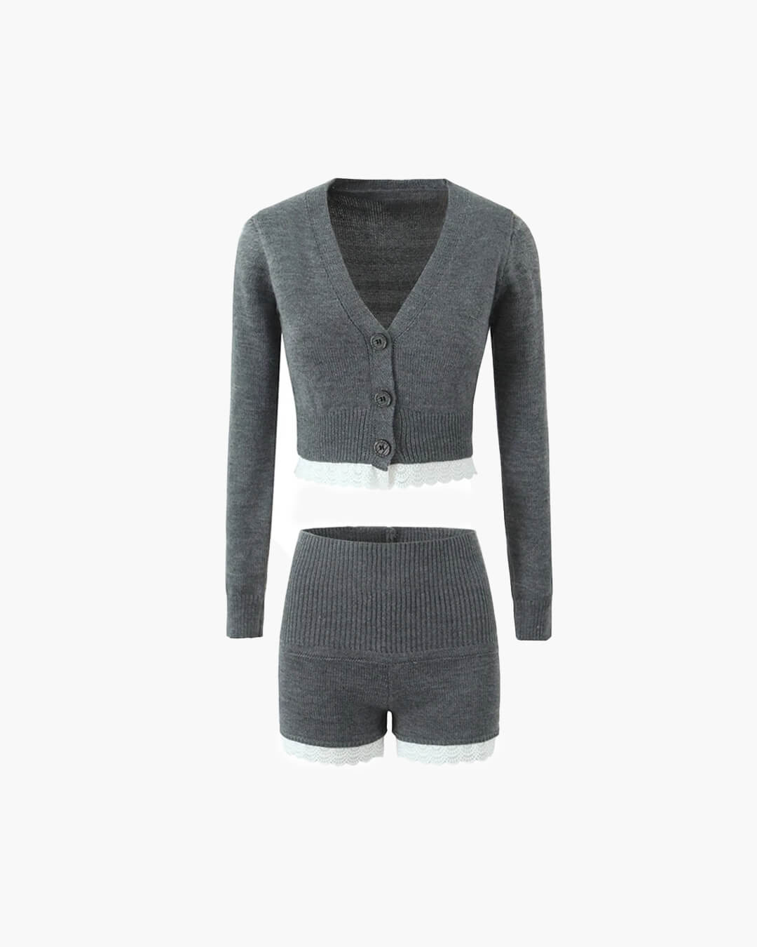 Gray Lace Trim Knit Cardigan and Shorts Set