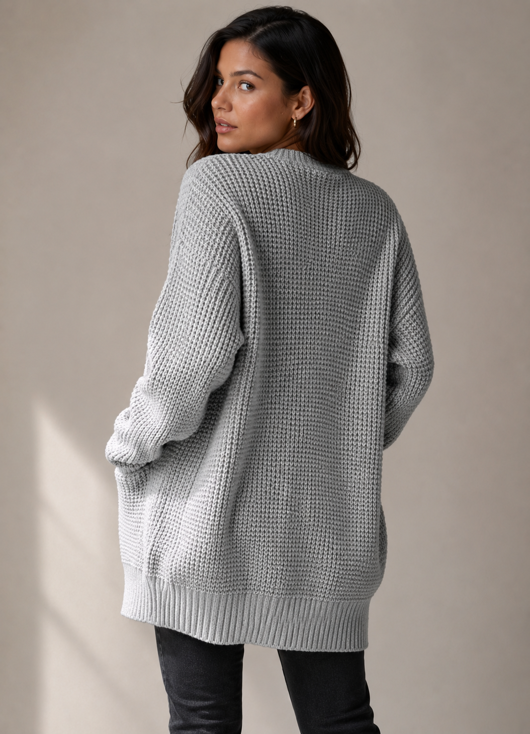 Gray Long Ribbed Knit Open Front Cardigan with Pockets