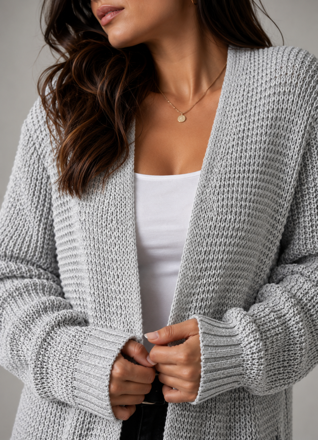 Gray Long Ribbed Knit Open Front Cardigan with Pockets