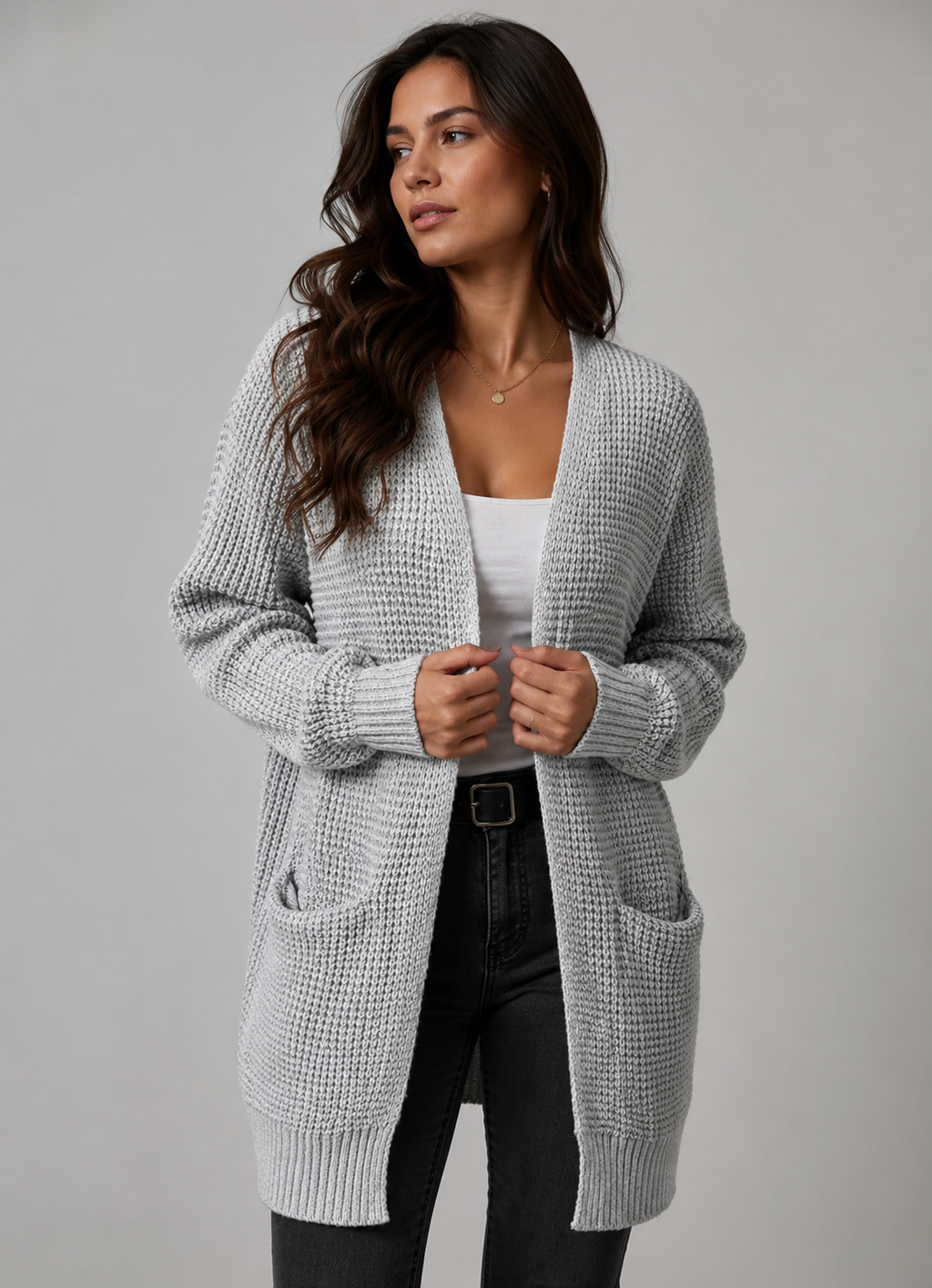 Gray Long Ribbed Knit Open Front Cardigan with Pockets
