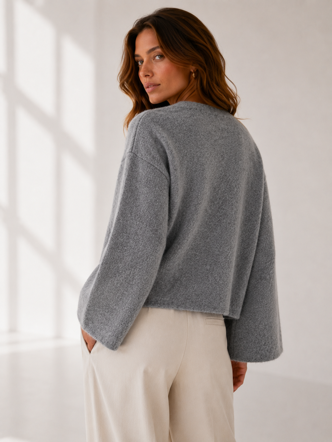 Gray Open Front Knit Cardigan with Split Sleeves