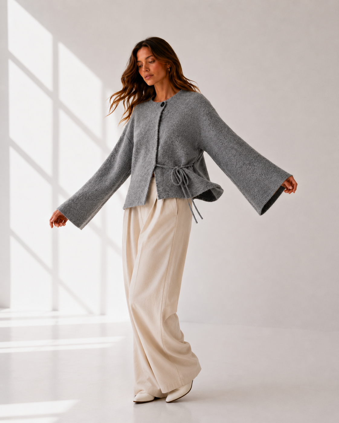 Gray Open Front Knit Cardigan with Split Sleeves