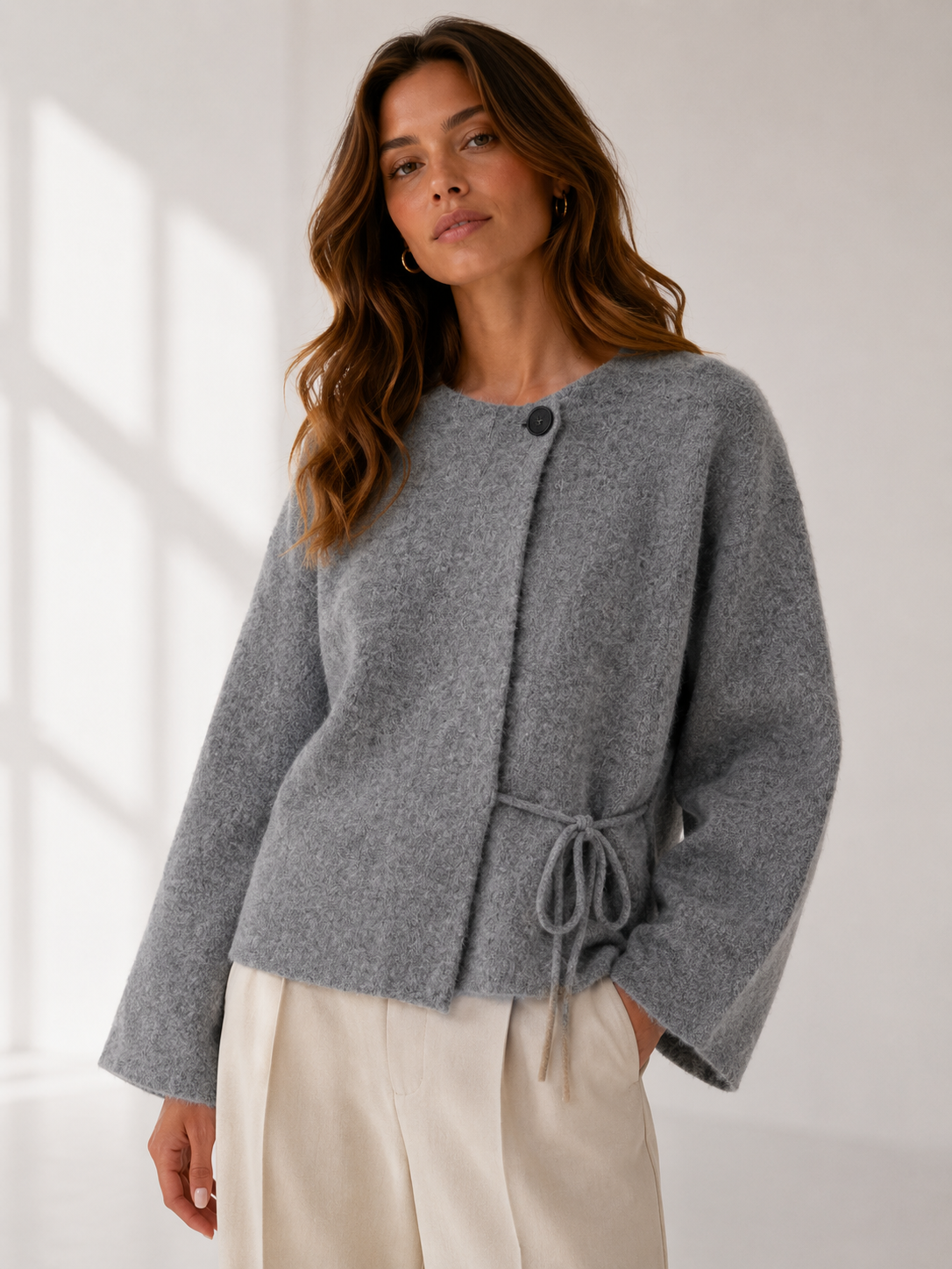 Gray Open Front Knit Cardigan with Split Sleeves