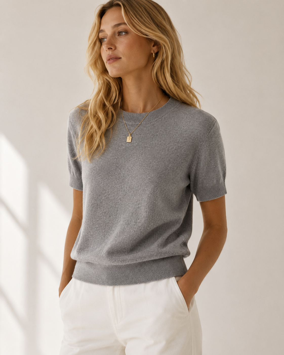 Gray Short Sleeve Crew Neck Soft Knit Top