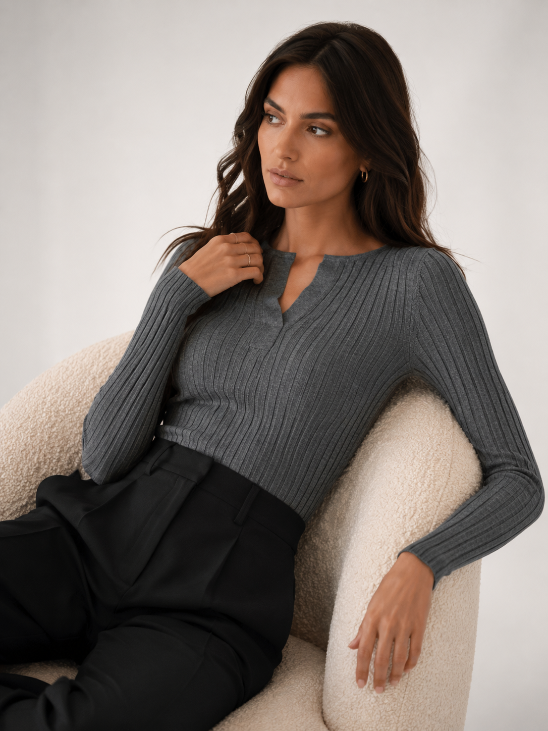 Gray Textured Knit V-Neck Long Sleeve Top