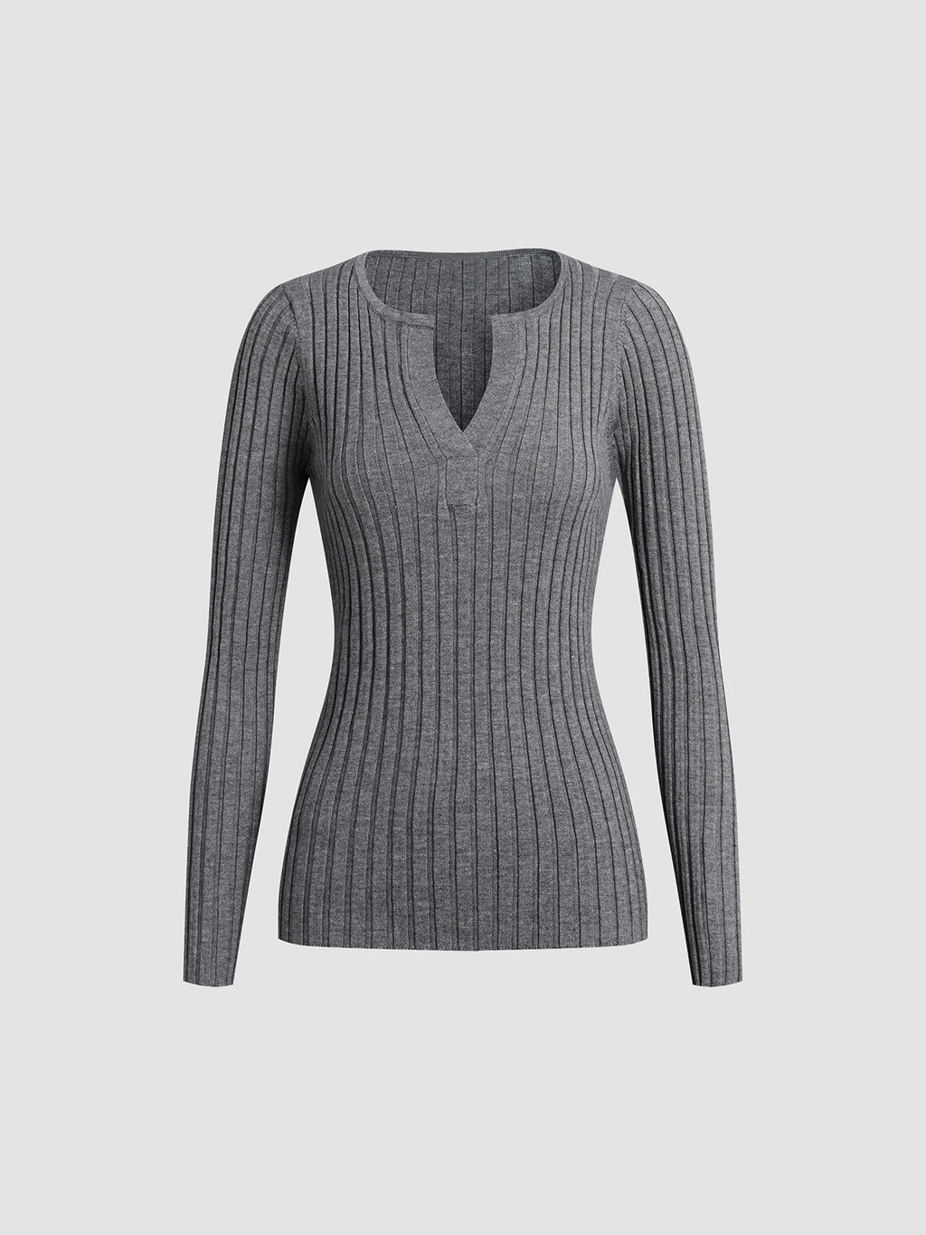 Gray Textured Knit V-Neck Long Sleeve Top
