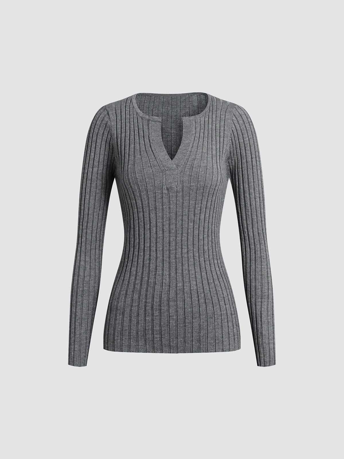 Gray Textured Knit V-Neck Long Sleeve Top