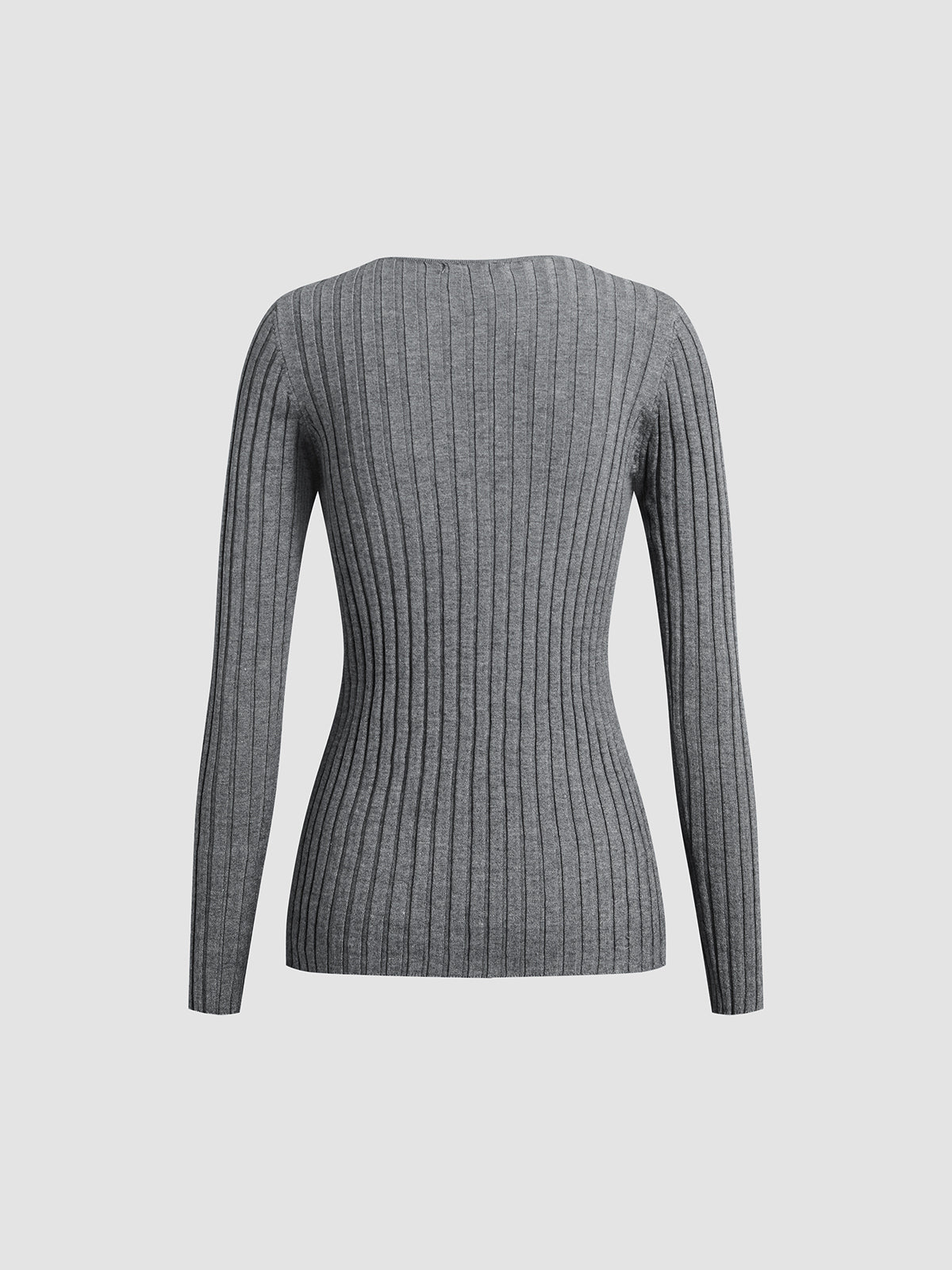 Gray Textured Knit V-Neck Long Sleeve Top
