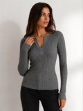 Gray Textured Knit V-Neck Long Sleeve Top