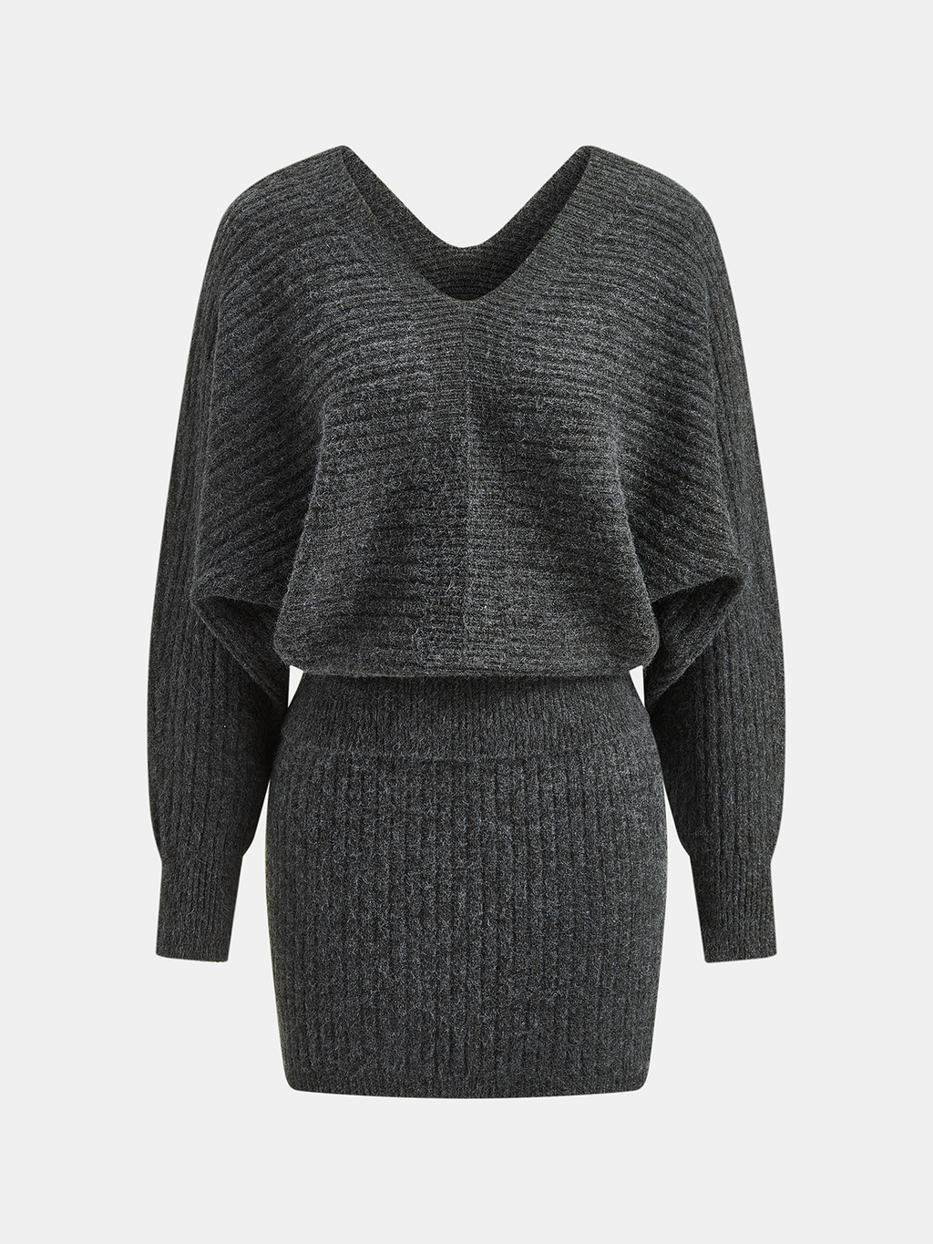 Gray V-Neck Batwing Sleeve Knit Top and Mini Skirt Set