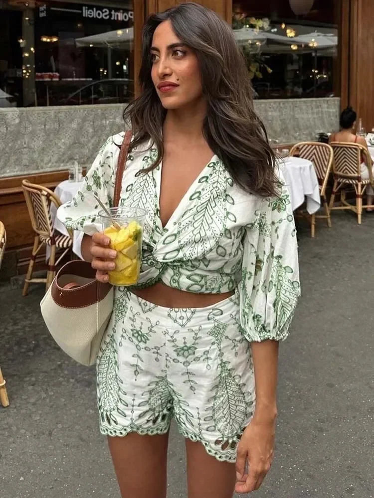 Green Embroidered V-Neck Crop Top and Shorts Set