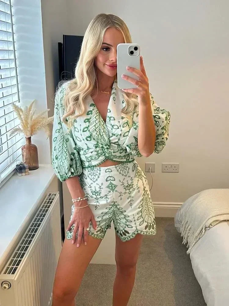 Green Embroidered V-Neck Crop Top and Shorts Set