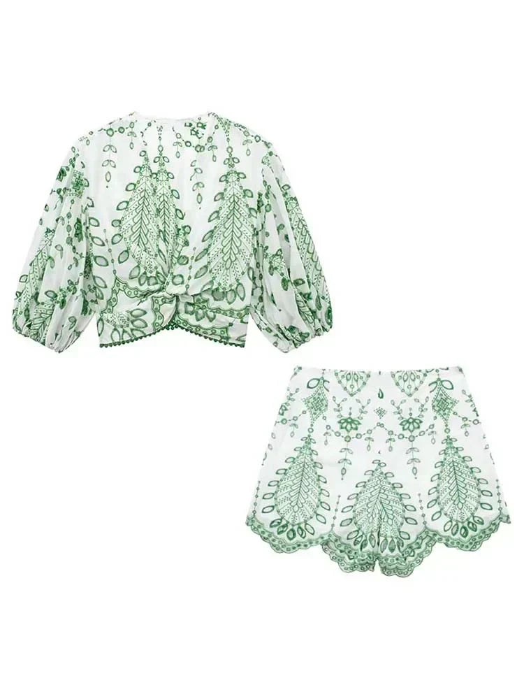 Green Embroidered V-Neck Crop Top and Shorts Set