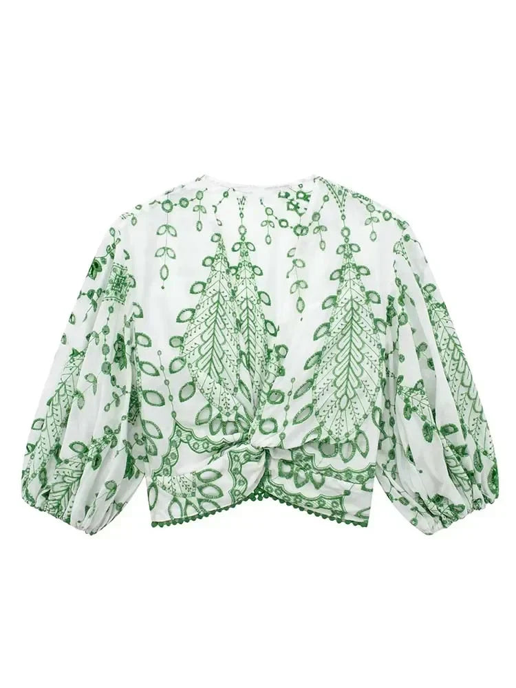 Green Embroidered V-Neck Crop Top and Shorts Set
