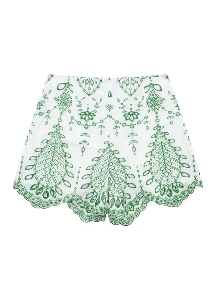 Green Embroidered V-Neck Crop Top and Shorts Set
