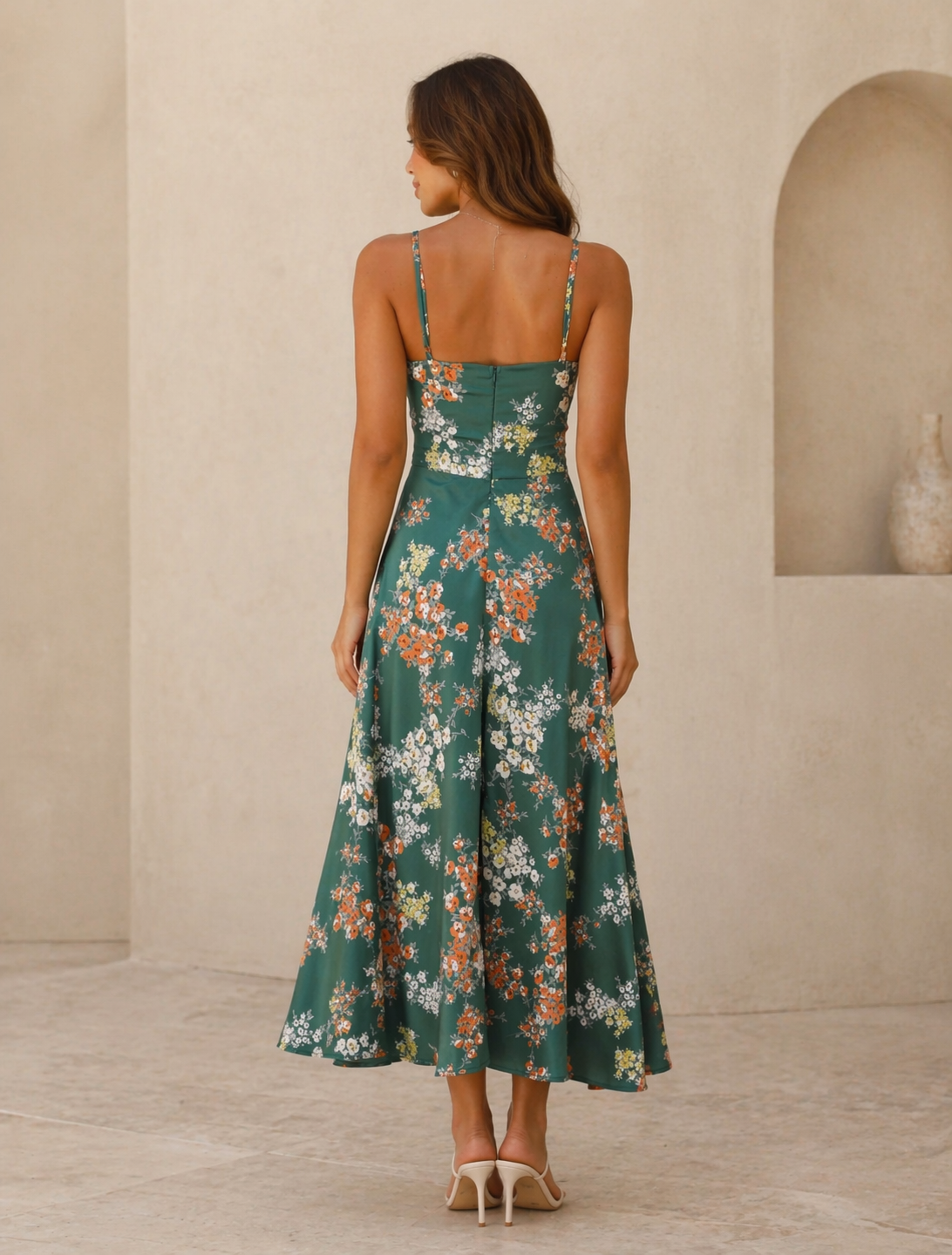 Green Floral Tie Front Midi Dress with Front Slit