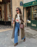 Green Long Button Front Trench Coat