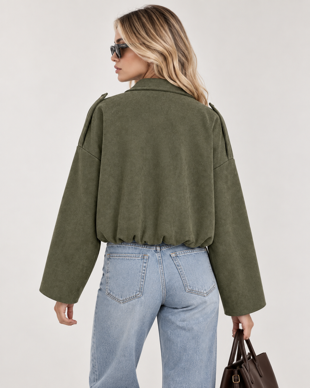 Green Oversized Batwing Sleeve Zip-Up Jacket