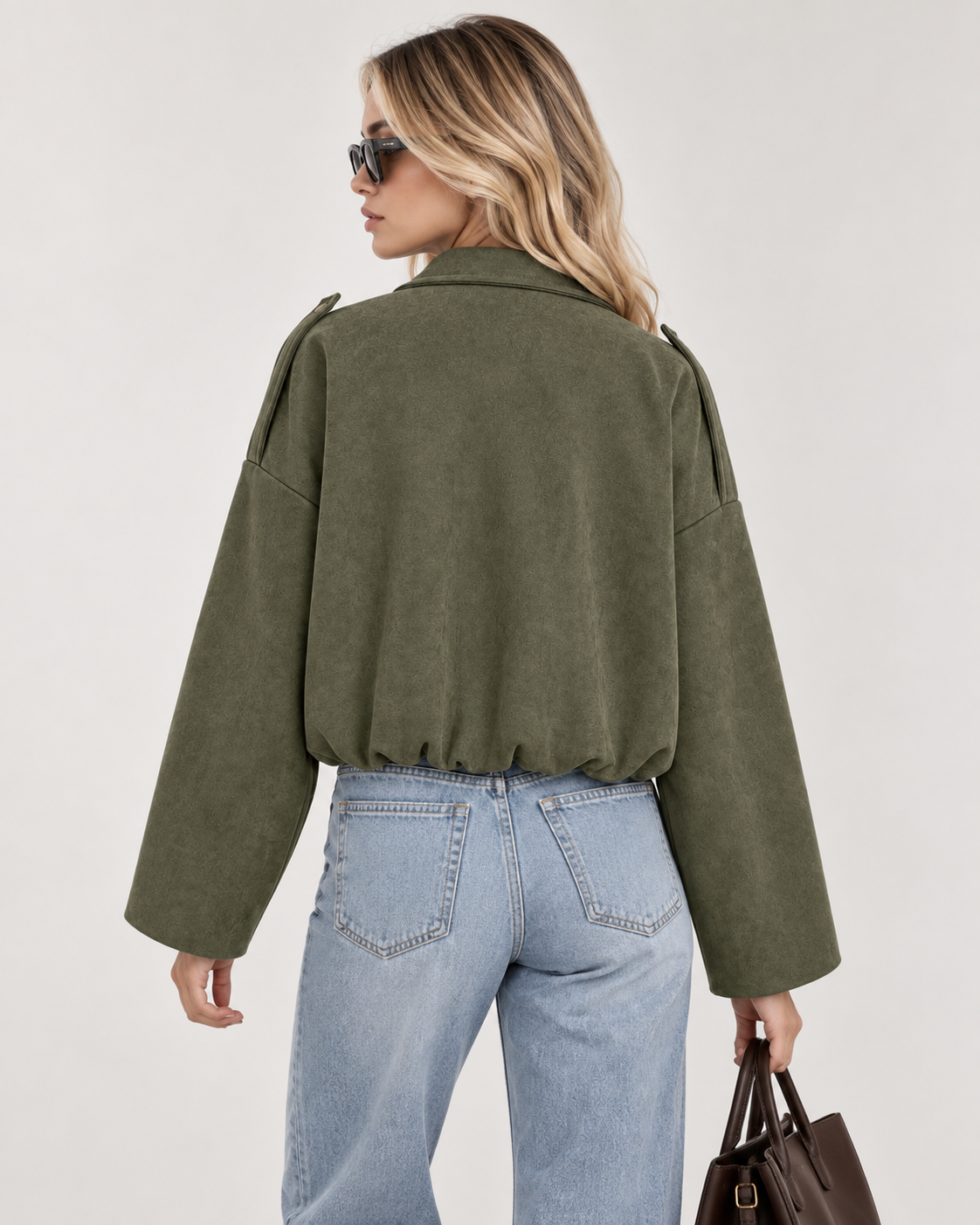Green Oversized Batwing Sleeve Zip-Up Jacket