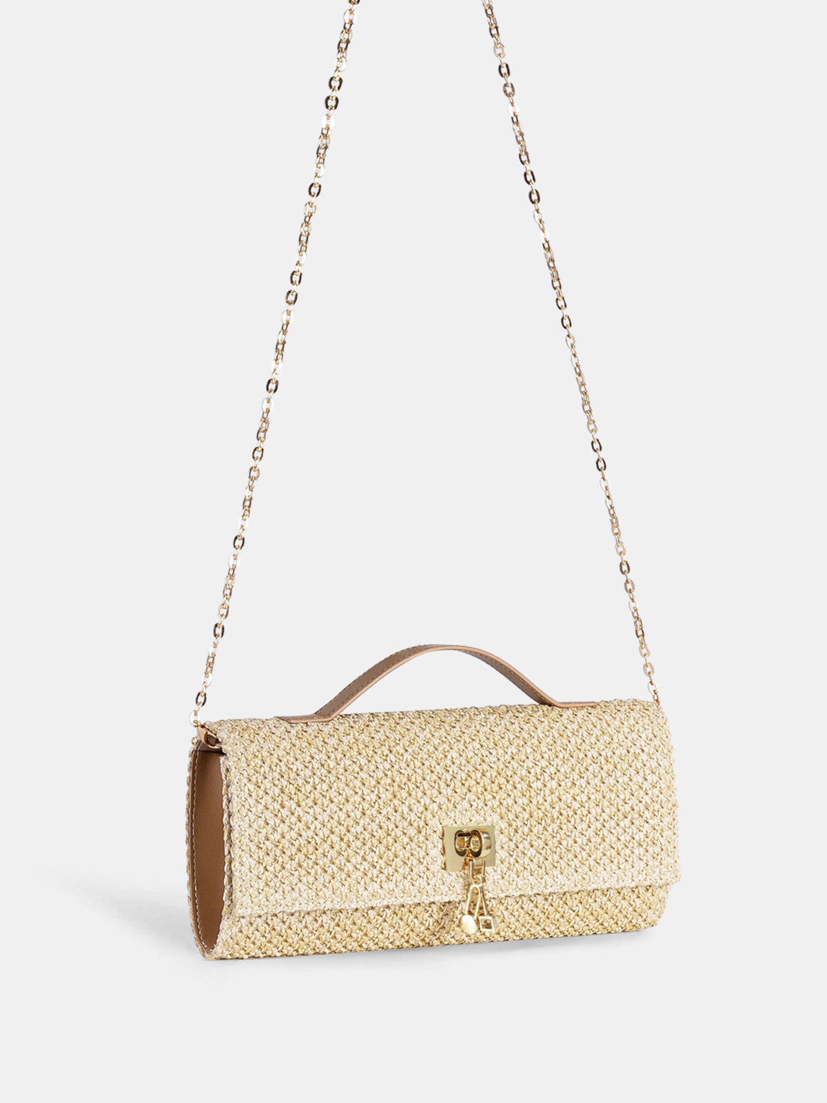 Khaki Braided Straw Clutch with Shoulder Strap