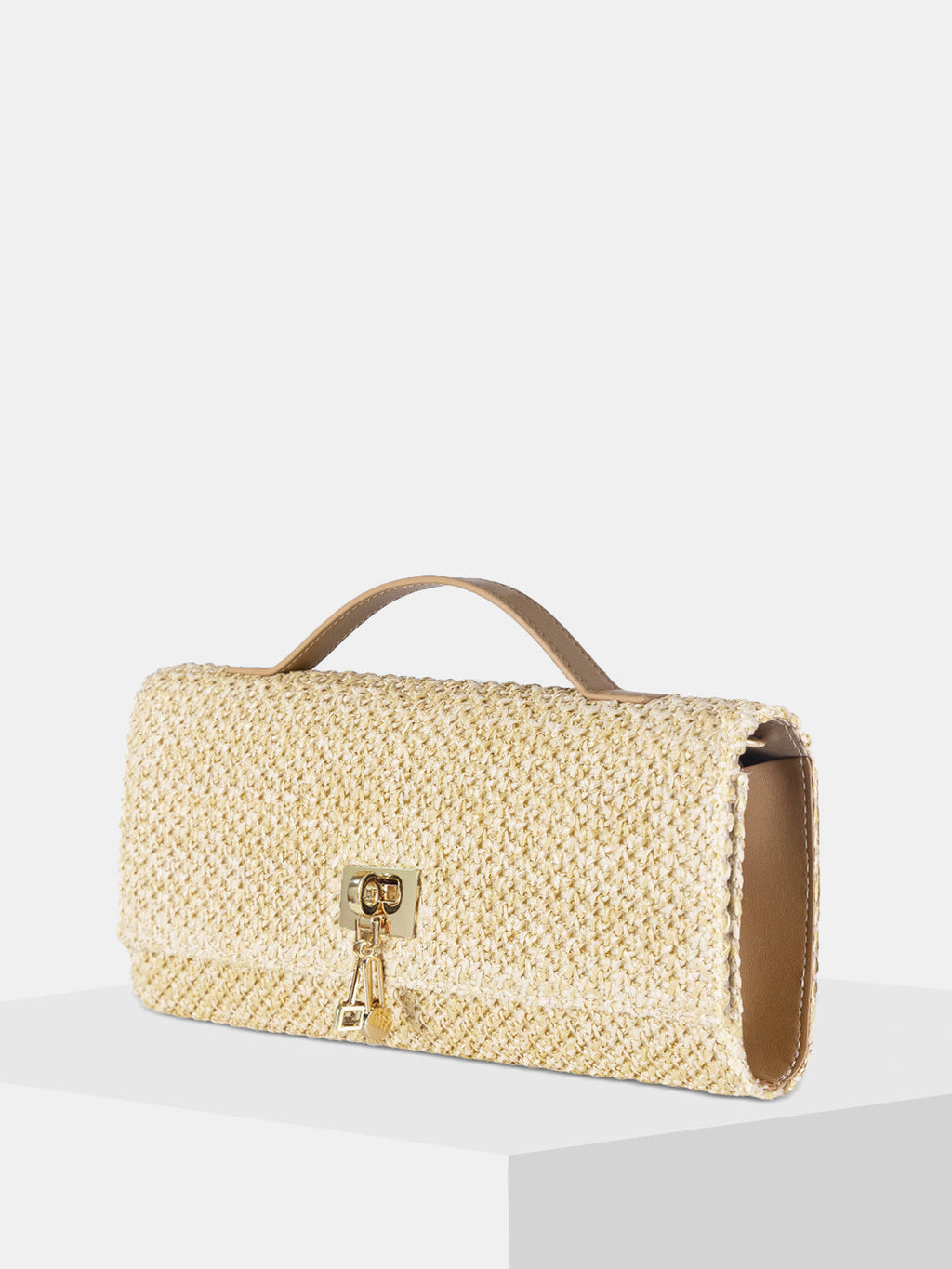 Khaki Braided Straw Clutch with Shoulder Strap