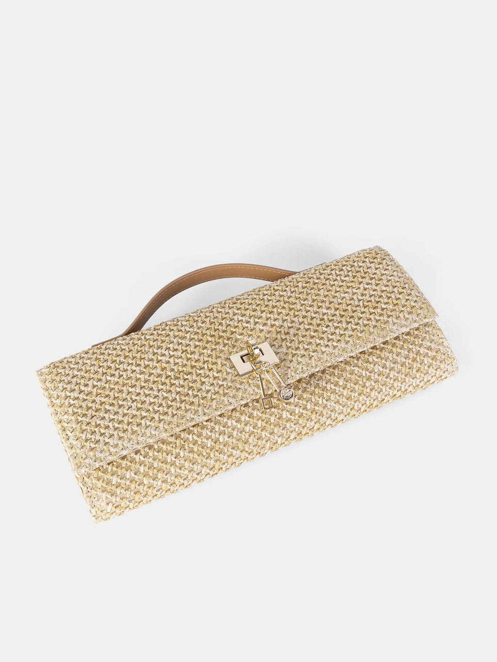 Khaki Braided Straw Clutch with Shoulder Strap