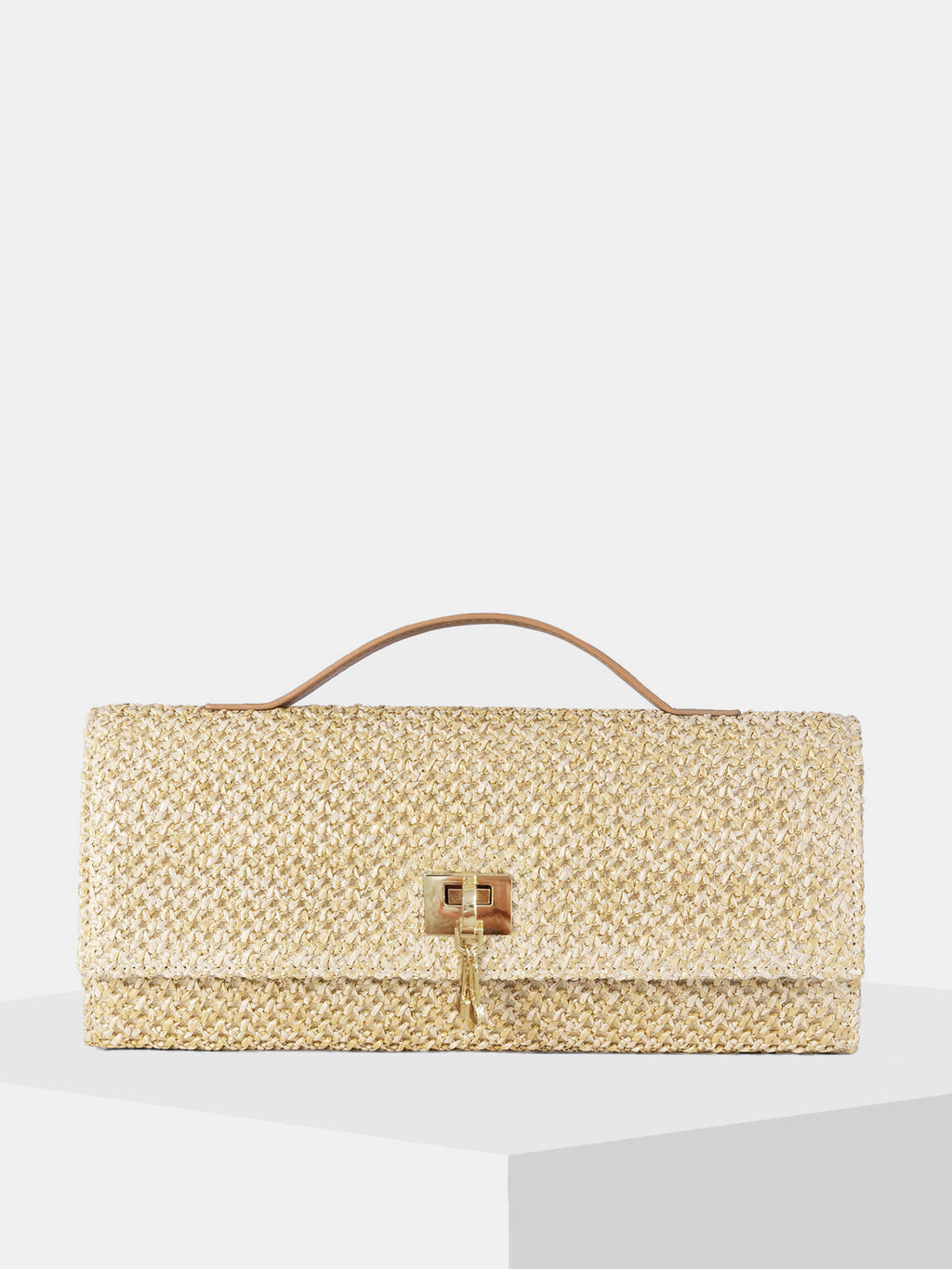 Khaki Braided Straw Clutch with Shoulder Strap