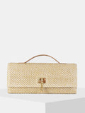 Khaki Braided Straw Clutch with Shoulder Strap