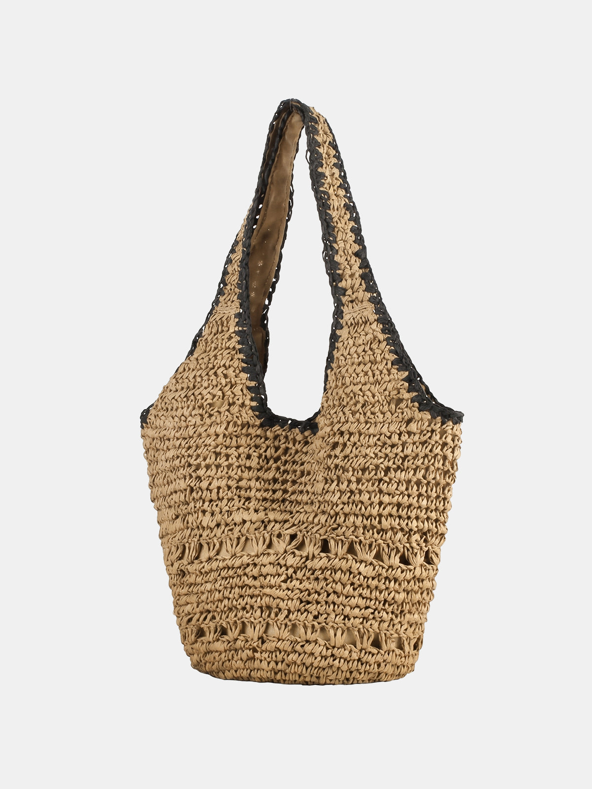 Khaki Crochet Straw Tote Bag with Shoulder Strap