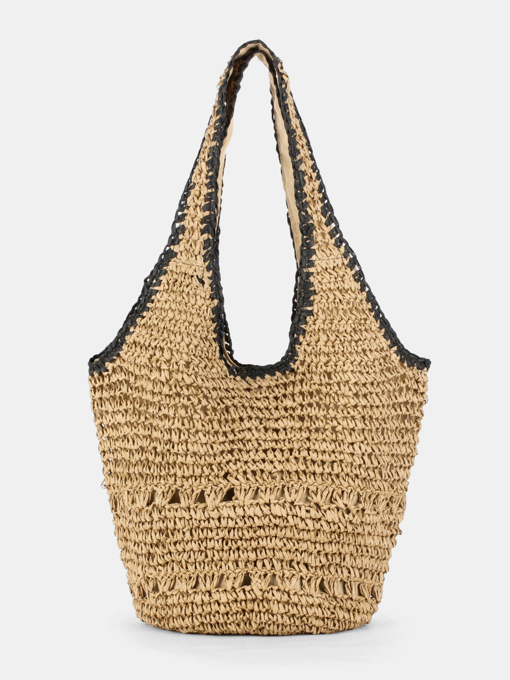 Khaki Crochet Straw Tote Bag with Shoulder Strap