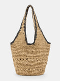 Khaki Crochet Straw Tote Bag with Shoulder Strap