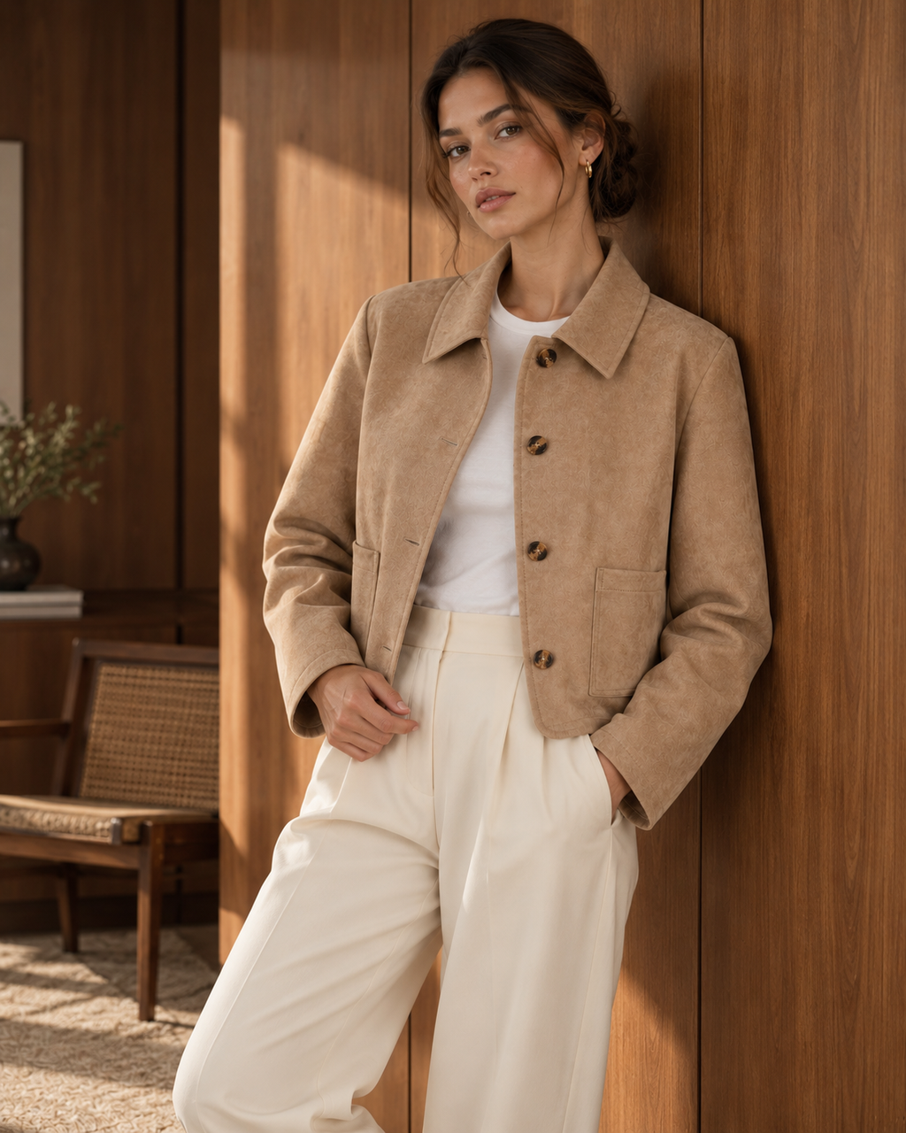 Khaki Single Breasted Hip Length Jacket with Pockets