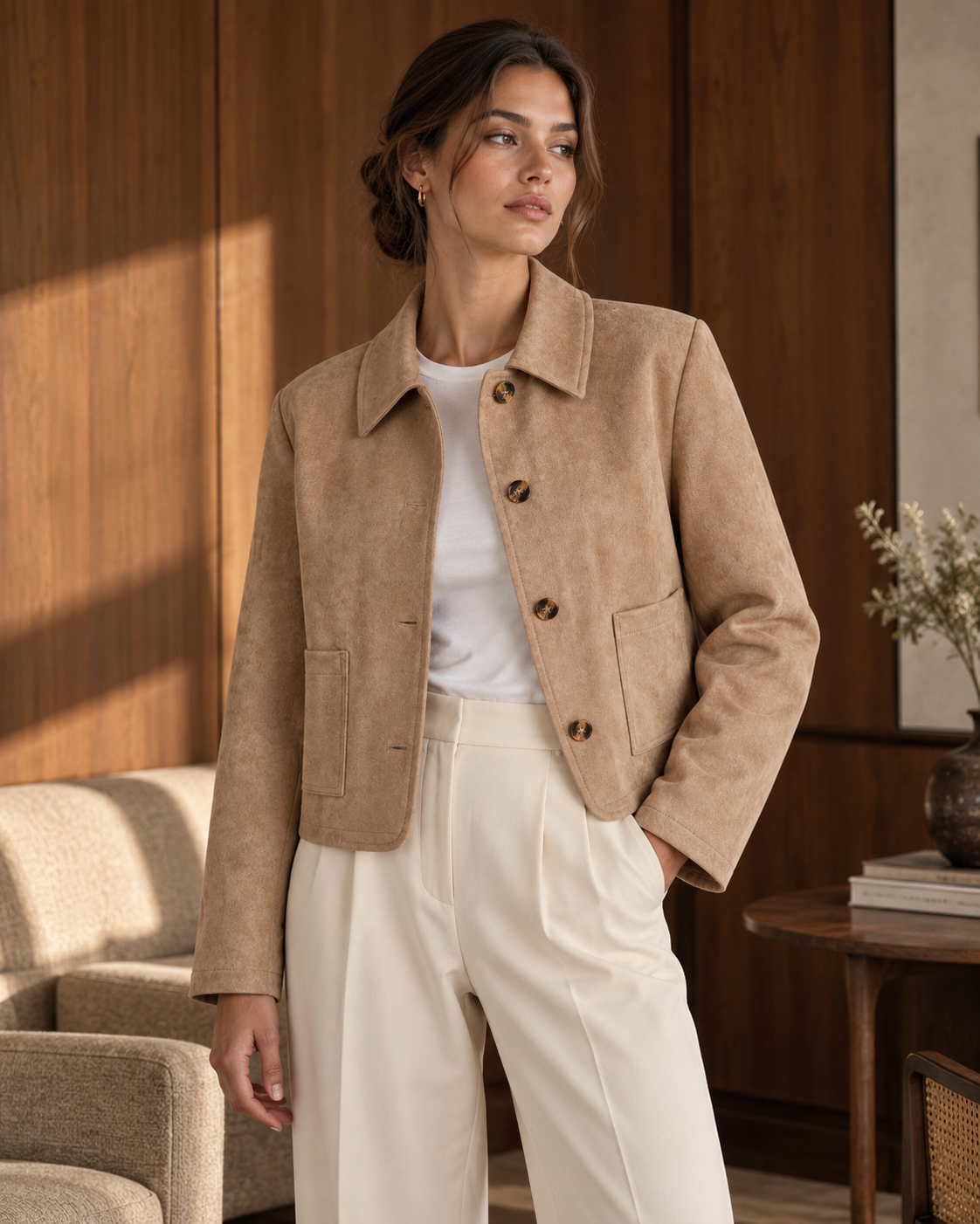 Khaki Single Breasted Hip Length Jacket with Pockets