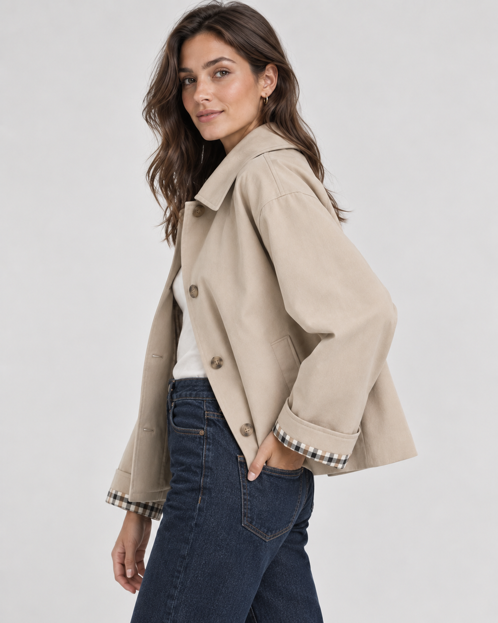 Khaki Single Breasted Jacket with Contrast Pockets
