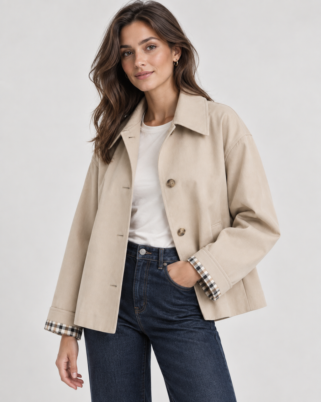 Khaki Single Breasted Jacket with Contrast Pockets