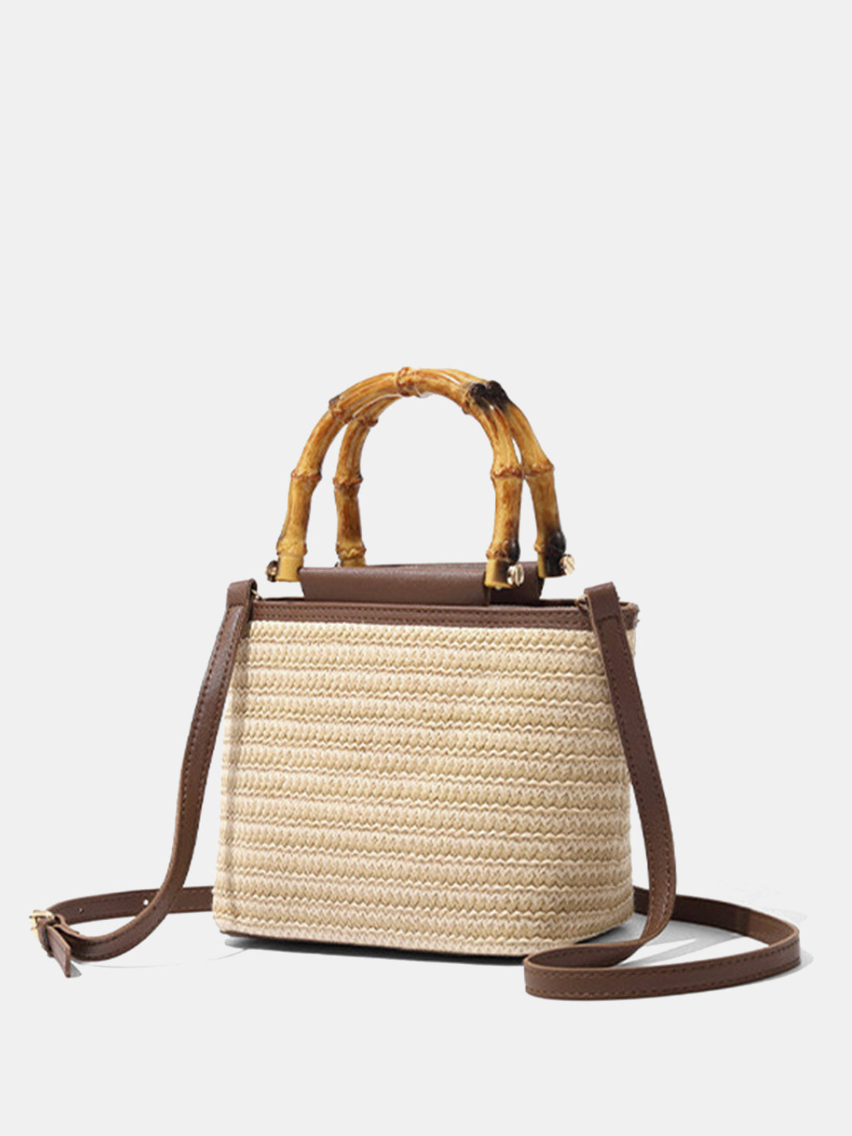 Khaki Straw Bag with Bamboo Handle and Crossbody Strap