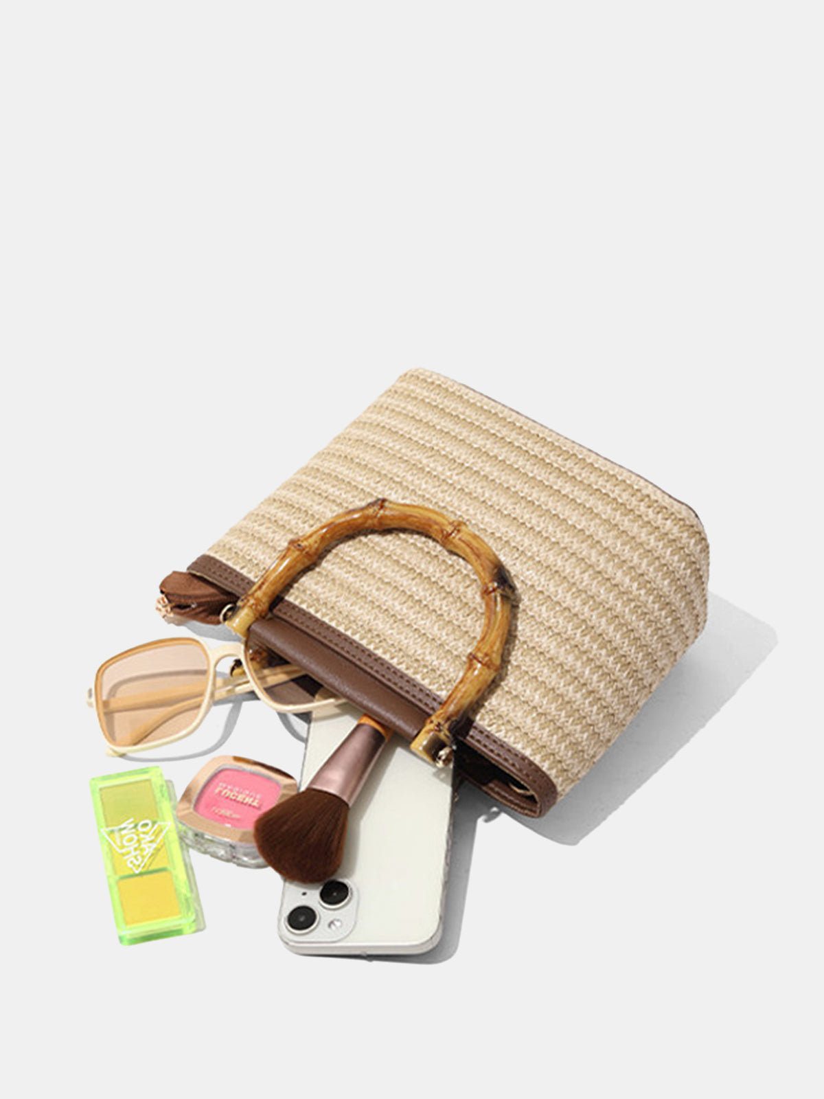 Khaki Straw Bag with Bamboo Handle and Crossbody Strap