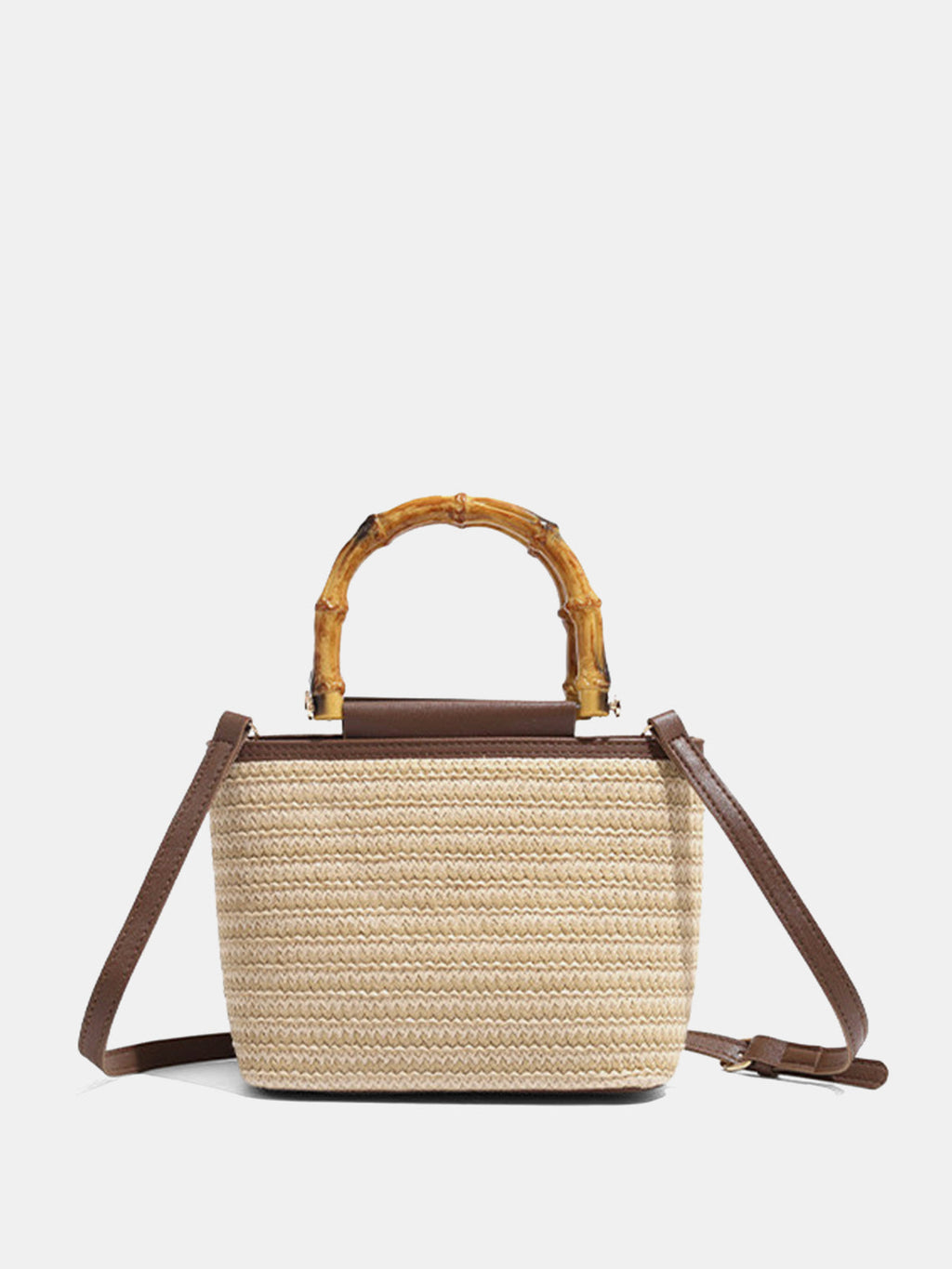 Khaki Straw Bag with Bamboo Handle and Crossbody Strap