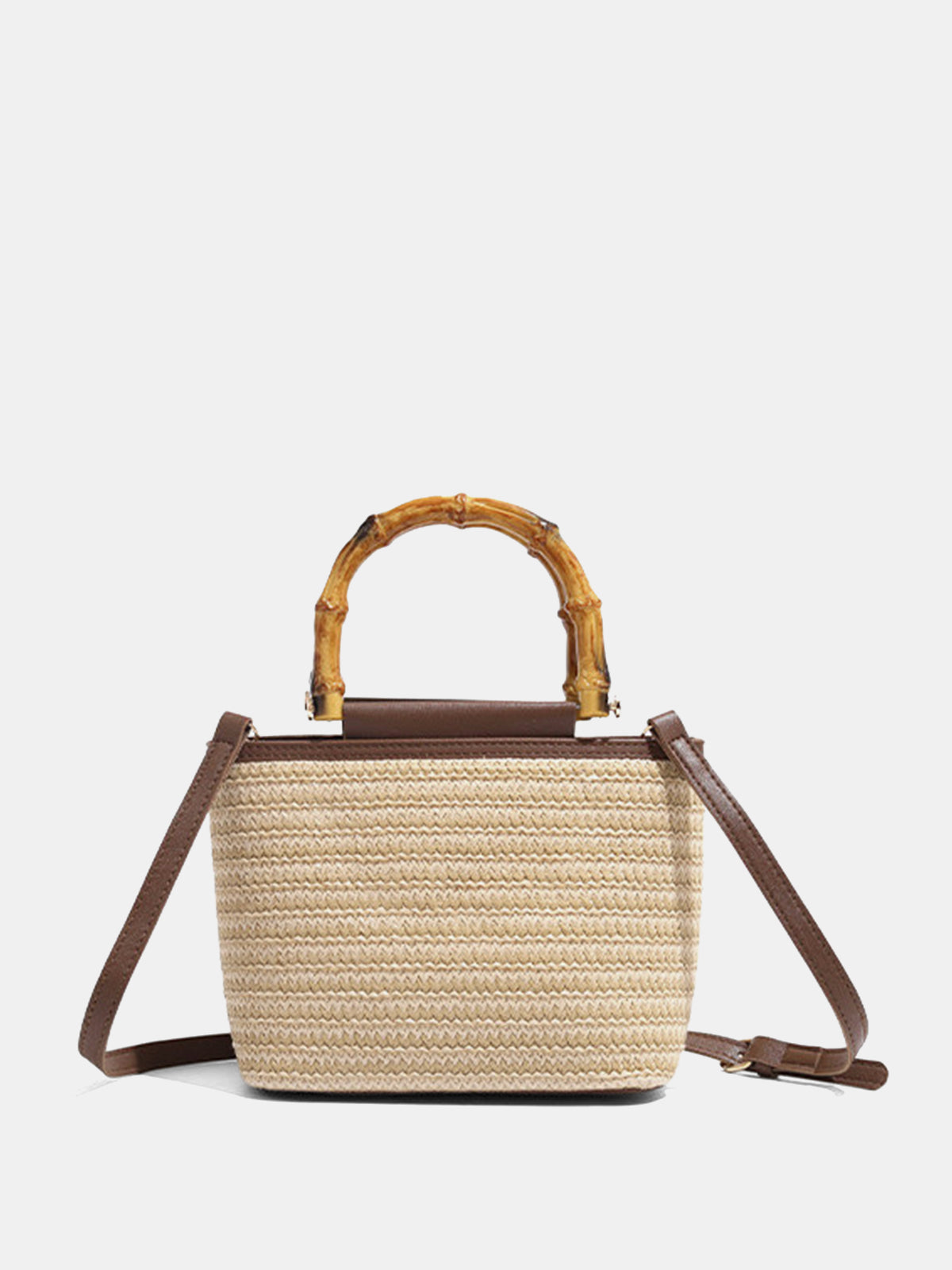 Khaki Straw Bag with Bamboo Handle and Crossbody Strap