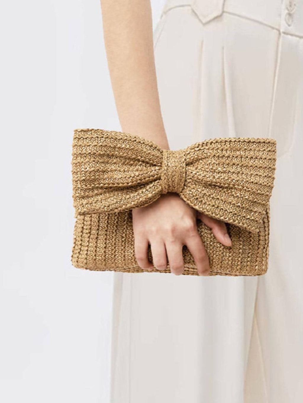 Khaki Straw Bag with Bow Detail