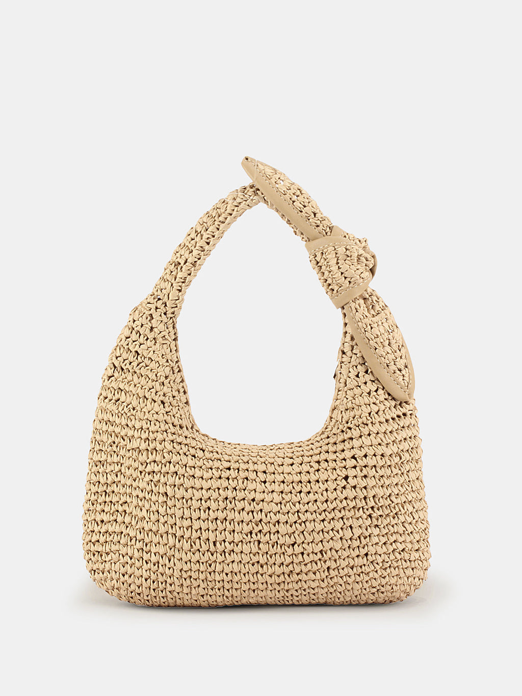 Khaki Straw Hobo Bag with Knot Handle