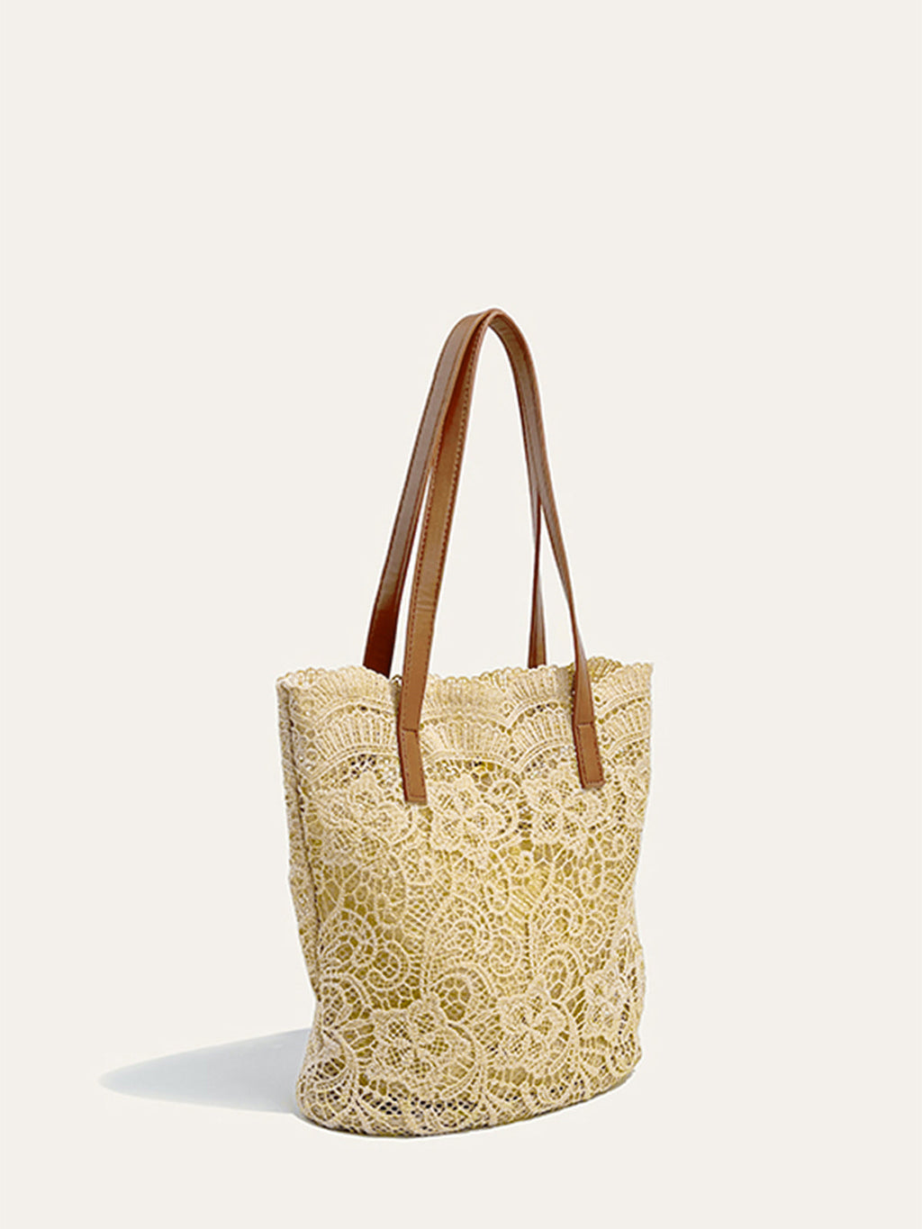 Khaki Tote Bag with Lace Details