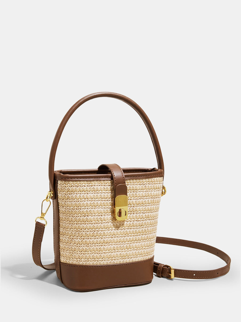 Khaki Woven Straw Bucket Bag with Crossbody Strap